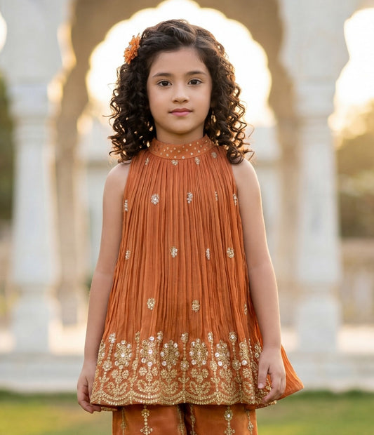Orange Embellished Kurti Palazzo Set for Girls | Festive Ethnic Wear