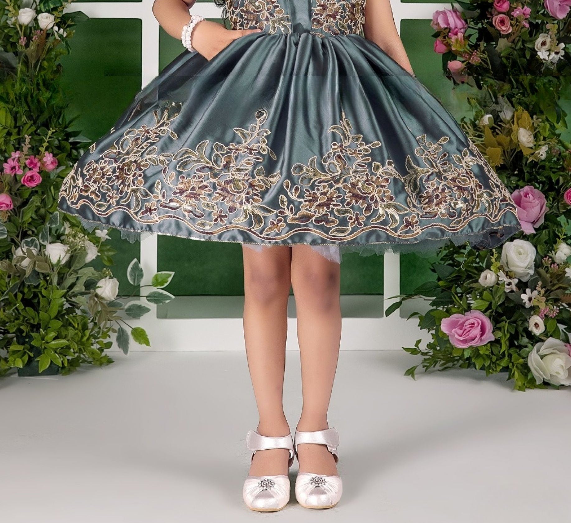 Emerald Mist Floral Threadwork Designer Short Frock