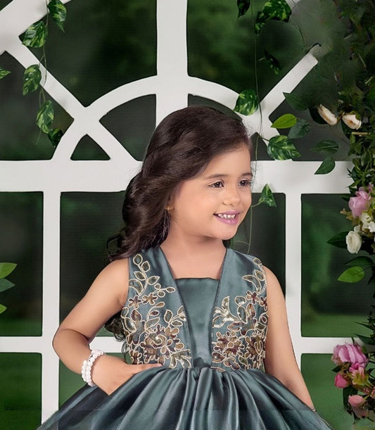 Emerald Mist Floral Threadwork Designer Short Frock