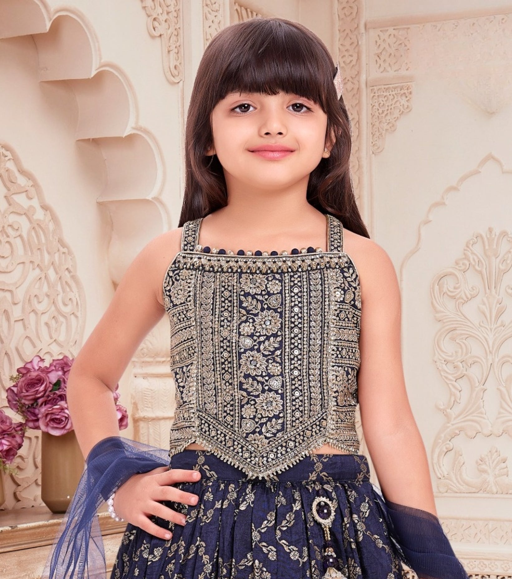 Navy Blue Embroidered Crop Top with Lehenga & Dupatta