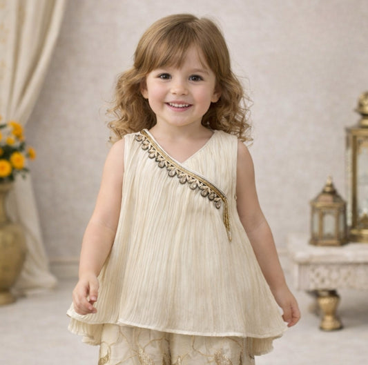 Cream Gold Embroidered Kurti with Palazzo Set | Ethnic Outfit for Girls