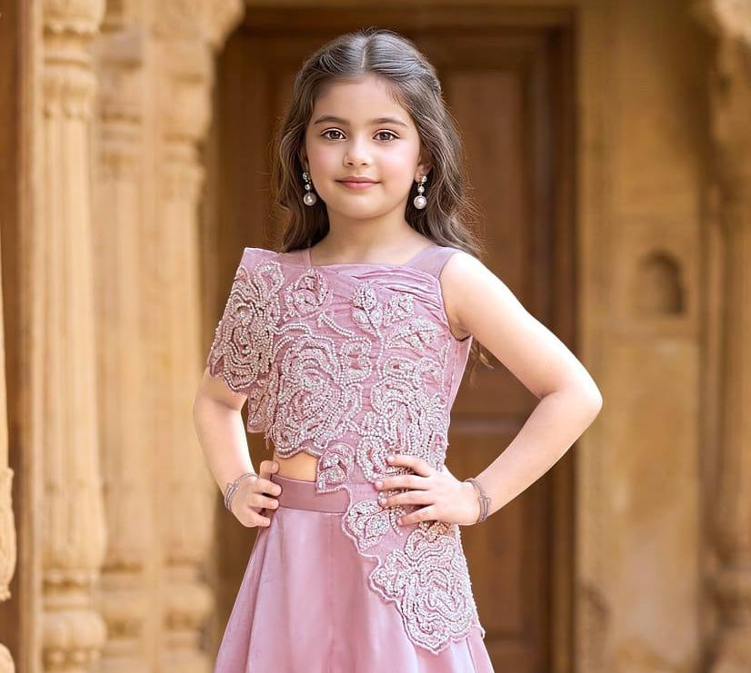 Blush Pink Embroidered Crop Top with Palazzo Pants | Ethnic Wear For Girls