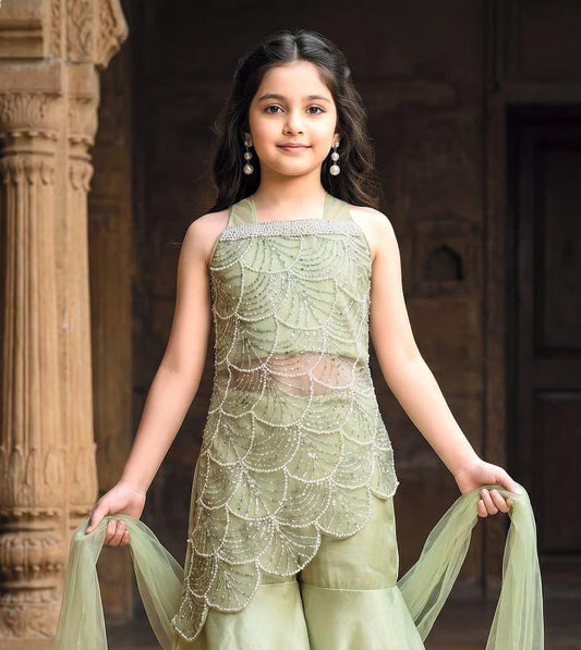 Pastel Green Embroidered Kurta with Flared Sharara & Dupatta | Ethnic Wear For Girls