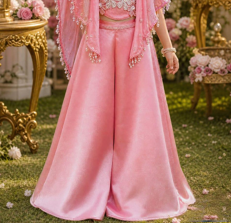 Peach  Embroidered Crop Top & Wide-Leg Palazzo Set with Pearl-Detail Dupatta | Ethnic Wear For Girls