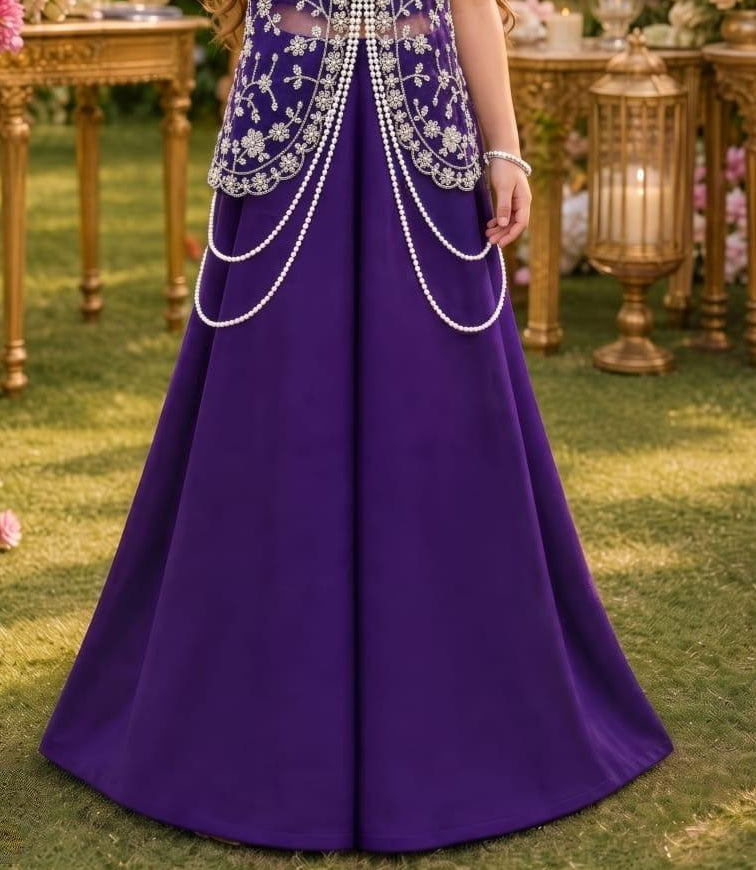 Royal Purple Embroidered Long Jacket Set with Pearl Detailing & Flared Palazzo | Ethnic Wear For Girls