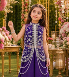 Royal Purple Embroidered Long Jacket Set with Pearl Detailing & Flared Palazzo | Ethnic Wear For Girls