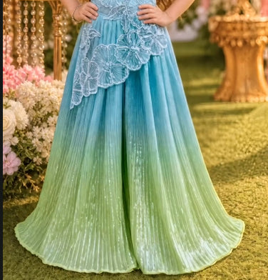 Aqua Blue & Mint Green Ombre Embroidered Gown with Floral Lace Detailing | Ethnic Wear For Girls