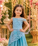 Aqua Blue & Mint Green Ombre Embroidered Gown with Floral Lace Detailing | Ethnic Wear For Girls