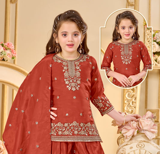 Rust Orange Royale Festive Sharara Set | Kids Ethnic Outfit for Girls