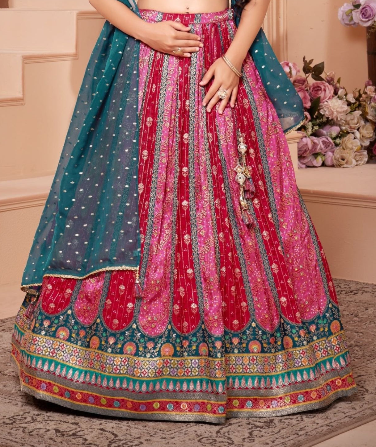 Pink & Teal-Royal Radiance Mirror Work Lehenga Set