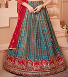 Teal Blue - Embroidered Lehenga with Crimson Red Dupatta