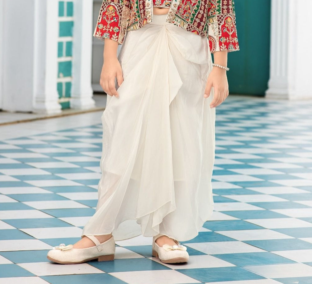 Cream Heritage Patchwork Dhoti Set | Kids Ethnic Outfit for Girls