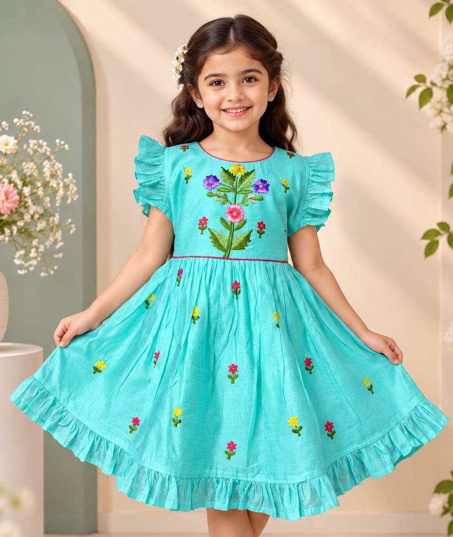 Aqua Blue Floral Embroidered Fit & Flare Dress with Ruffle Sleeves | Casual Wear for Girls