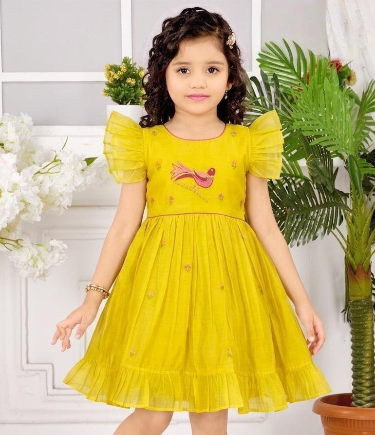 Lemon Yellow Embroidered Fit & Flare Dress with Ruffle Sleeves | Casual Wear for Girls