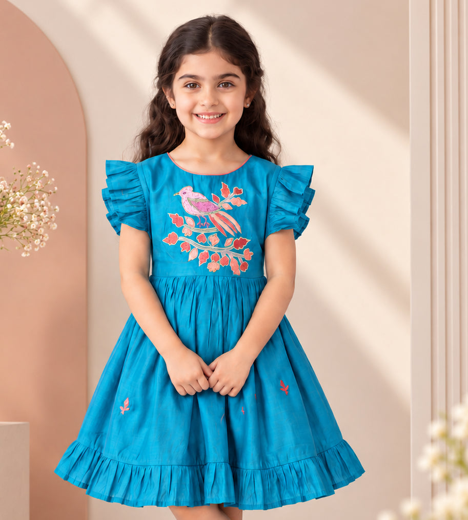 Teal Blue Bird Embroidered Fit & Flare Dress with Ruffle Sleeves | Casual Wear for Girls