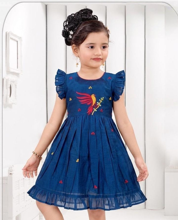 Navy Blue Bird Embroidered Fit & Flare Dress with Ruffle Sleeves | Casual Wear for Girls