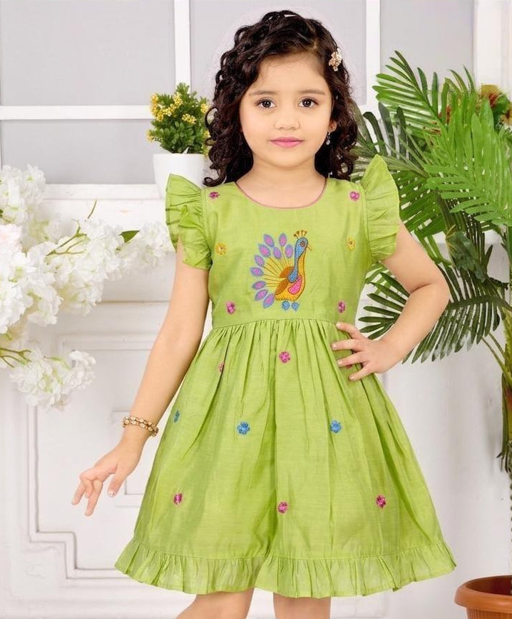 Pista Green Embroidered Peacock Print Fit & Flare Dress with Ruffle Sleeves | Casual Wear For Girls