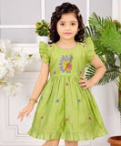 Pista Green Embroidered Peacock Print Fit & Flare Dress with Ruffle Sleeves | Casual Wear For Girls