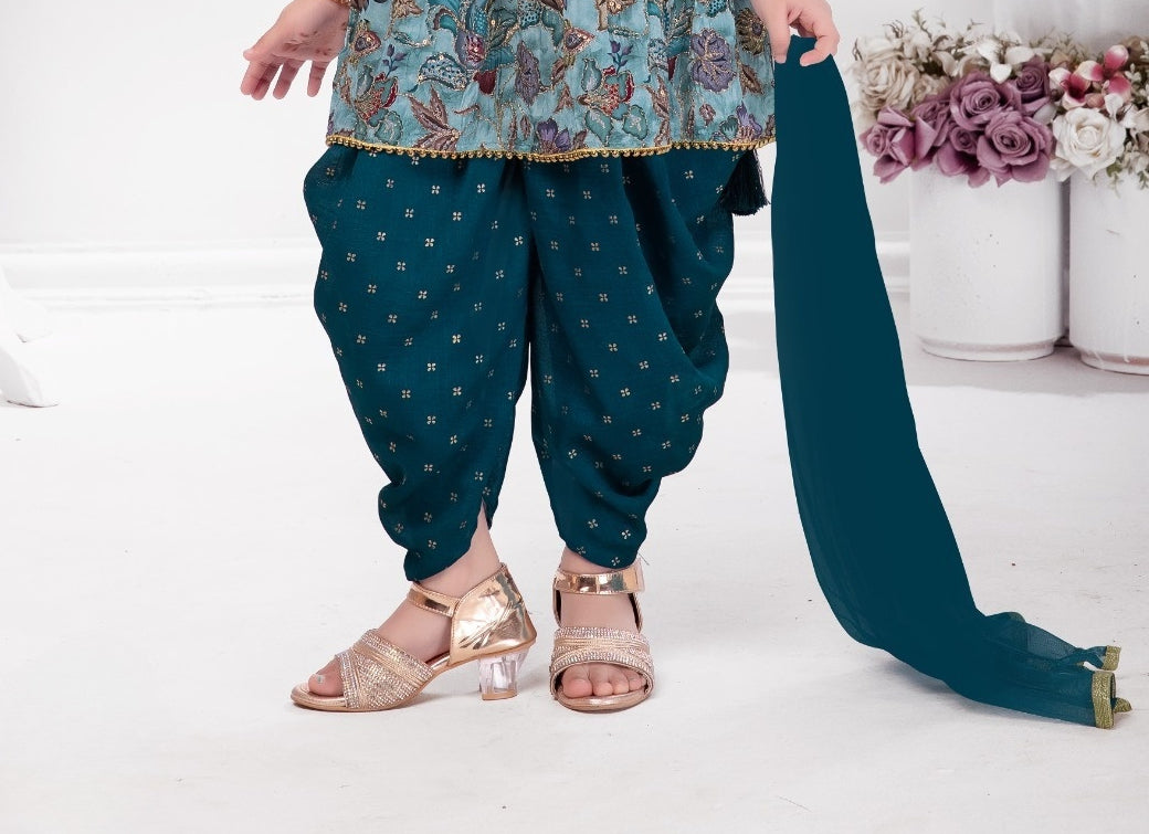 Teal Blue Floral Printed Peplum Kurti with Patiala Pants & Dupatta