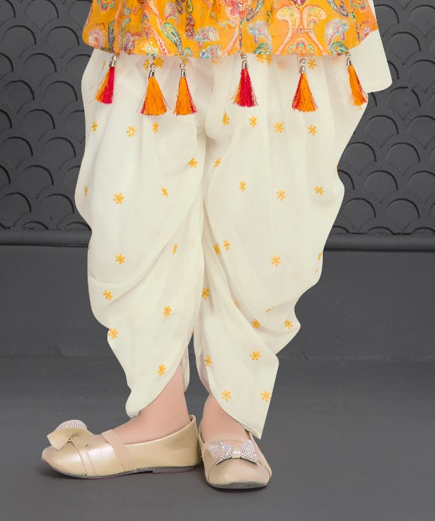 Gold Printed Peplum Kurti with Ivory Dhoti Pants