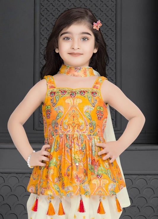 Gold Printed Peplum Kurti with Ivory Dhoti Pants