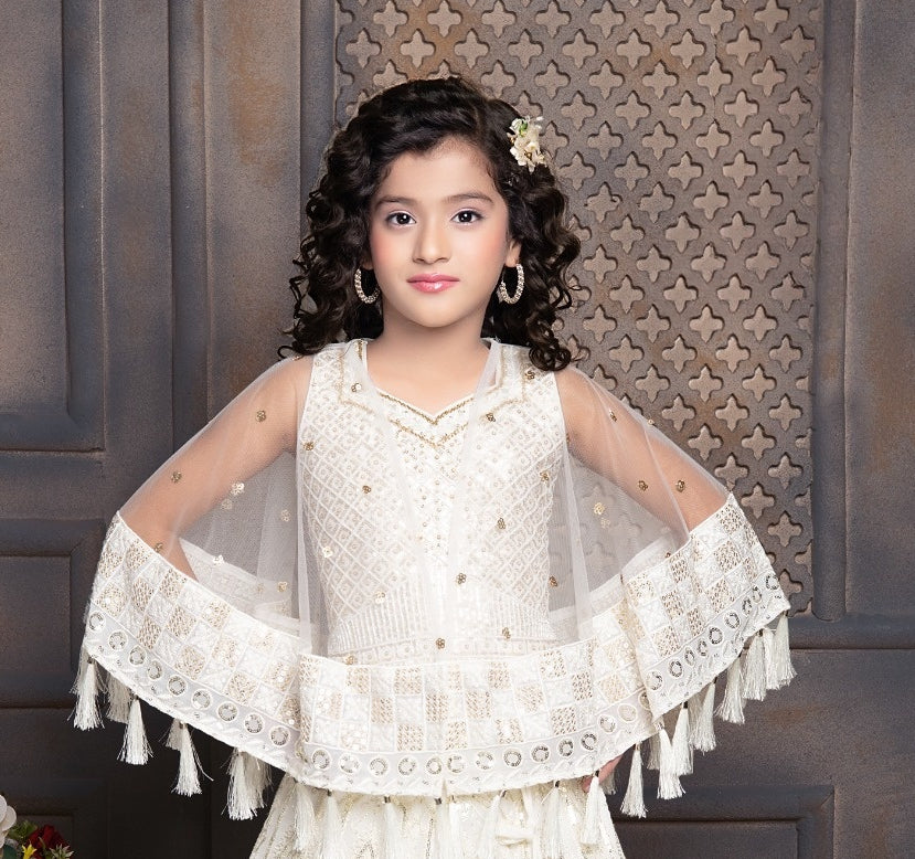 Ivory Cream Embroidered Lehenga Set | Kids Ethnic Wear for Girls