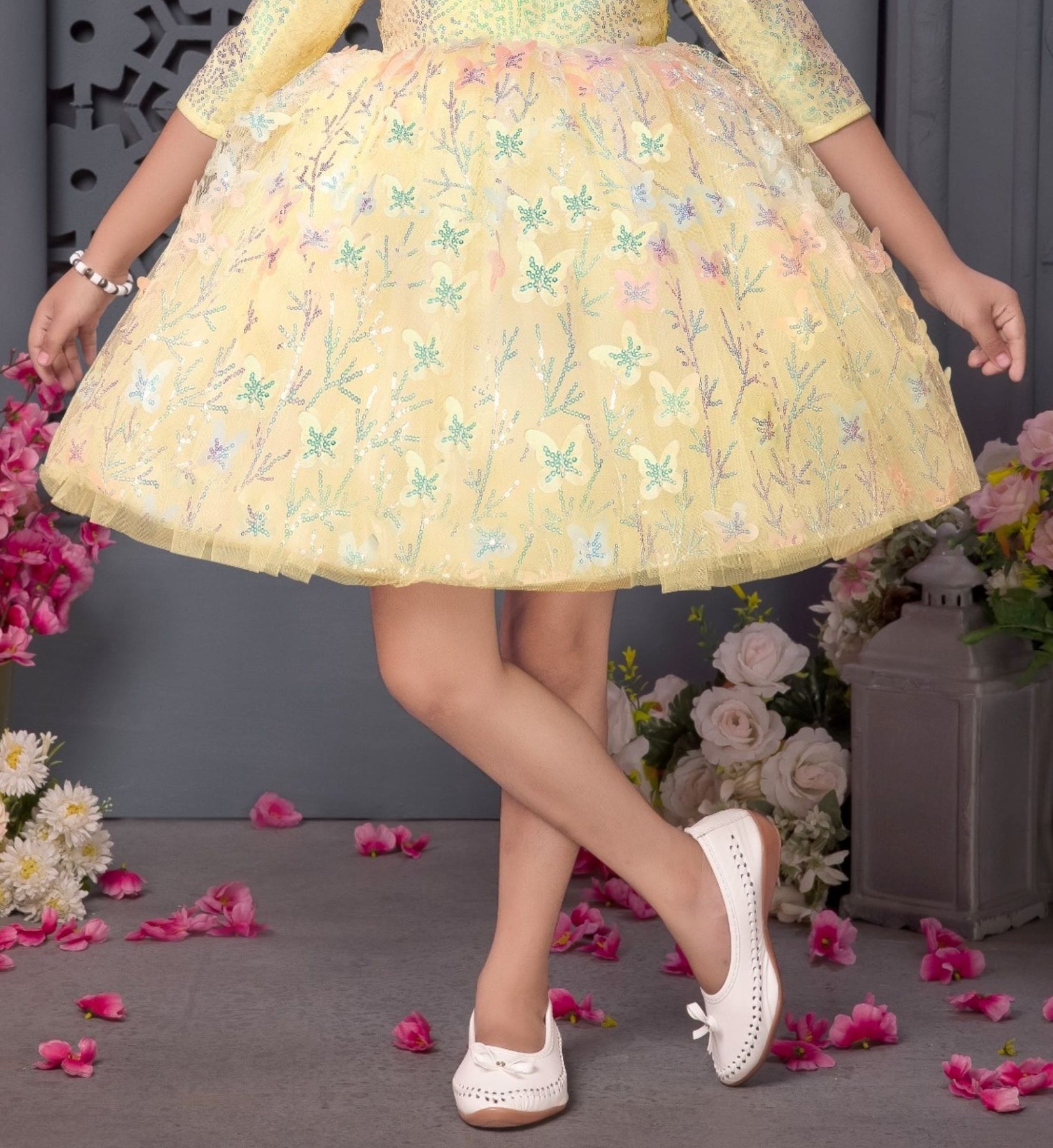 Lemon Yellow with Pastel Floral Embroidery Short Frock