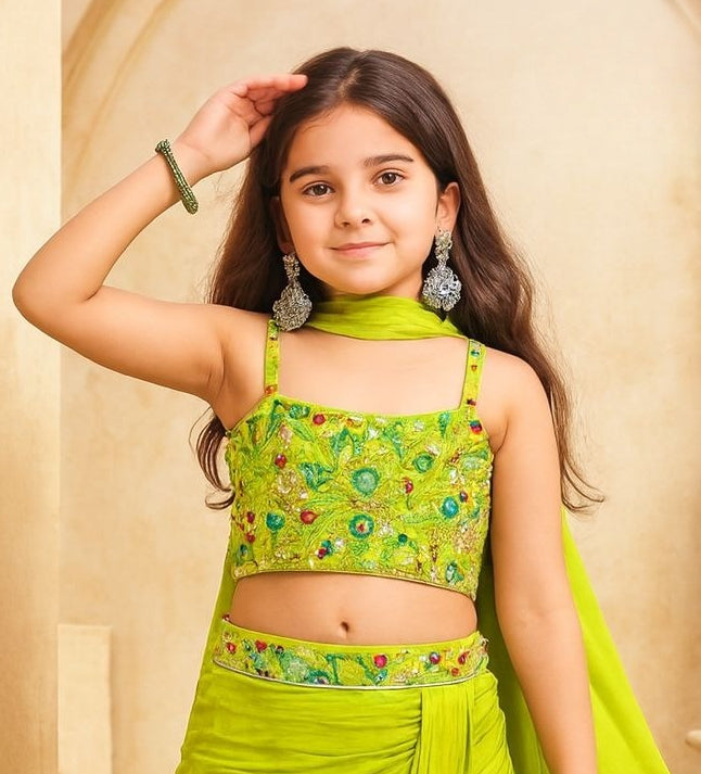 Lime Green Embroidered Crop Top & Draped Lehenga Set