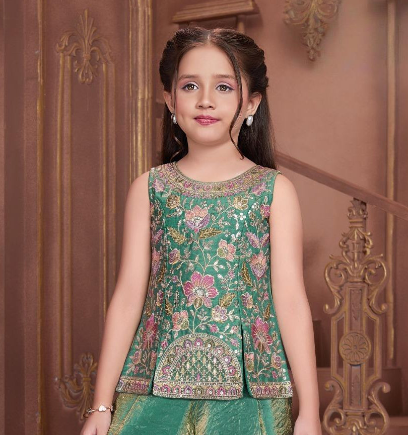 Emerald Green Floral Embroidered Kurta with Palazzo Pants & Dupatta | Ethnic Wear For Girls