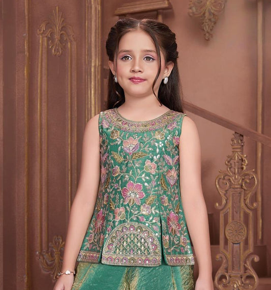 Emerald Green Floral Embroidered Kurta with Palazzo Pants & Dupatta | Ethnic Wear For Girls