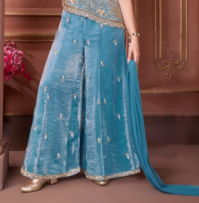 Sky Blue Embellished Kurta with Flared Palazzo & Dupatta | Ethnic Wear For Girls