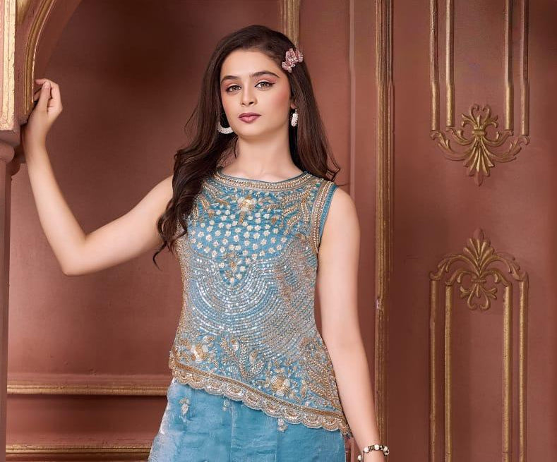Sky Blue Embellished Kurta with Flared Palazzo & Dupatta | Ethnic Wear For Girls