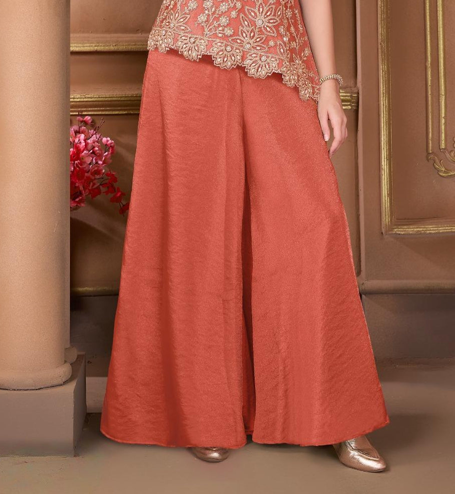 Coral Orange Embroidered Sleeveless Peplum Top & Wide-Leg Palazzo Set | Ethnic Wear For Girls
