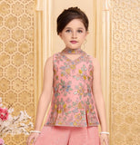 Peach Floral Embroidered Peplum Top & Wide-Leg Palazzo Set with Dupatta | Ethnic Wear For Girls