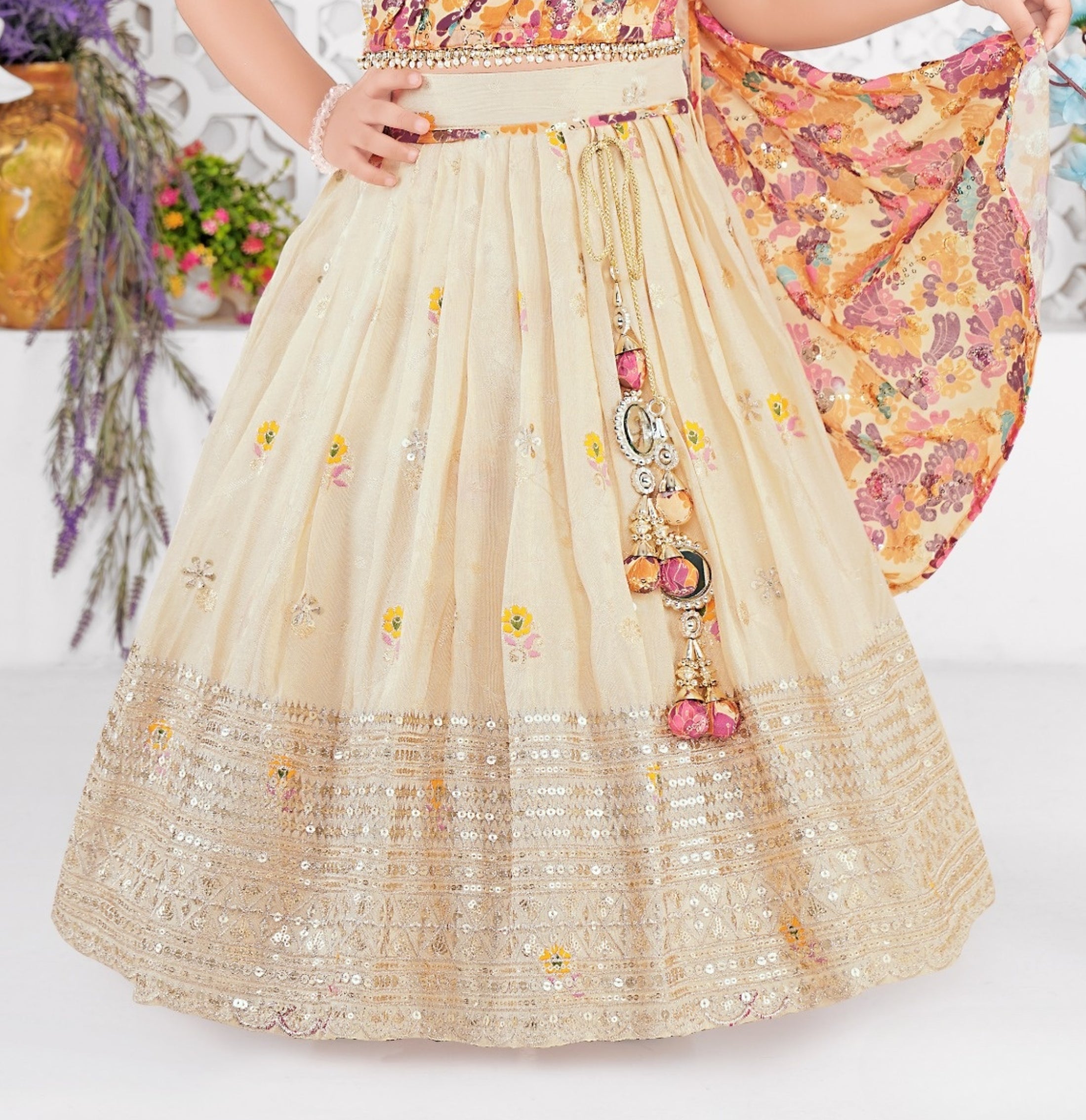 Cream Floral Embroidered Lehenga Set with Printed Dupatta