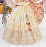 Cream Floral Embroidered Lehenga Set with Printed Dupatta