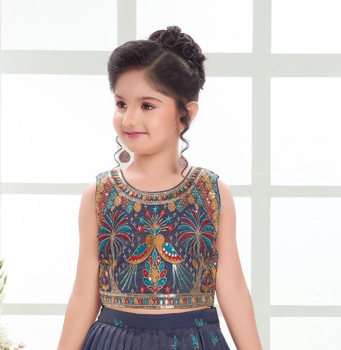 Navy Blue Peacock Embroidered Kids Lehenga Set