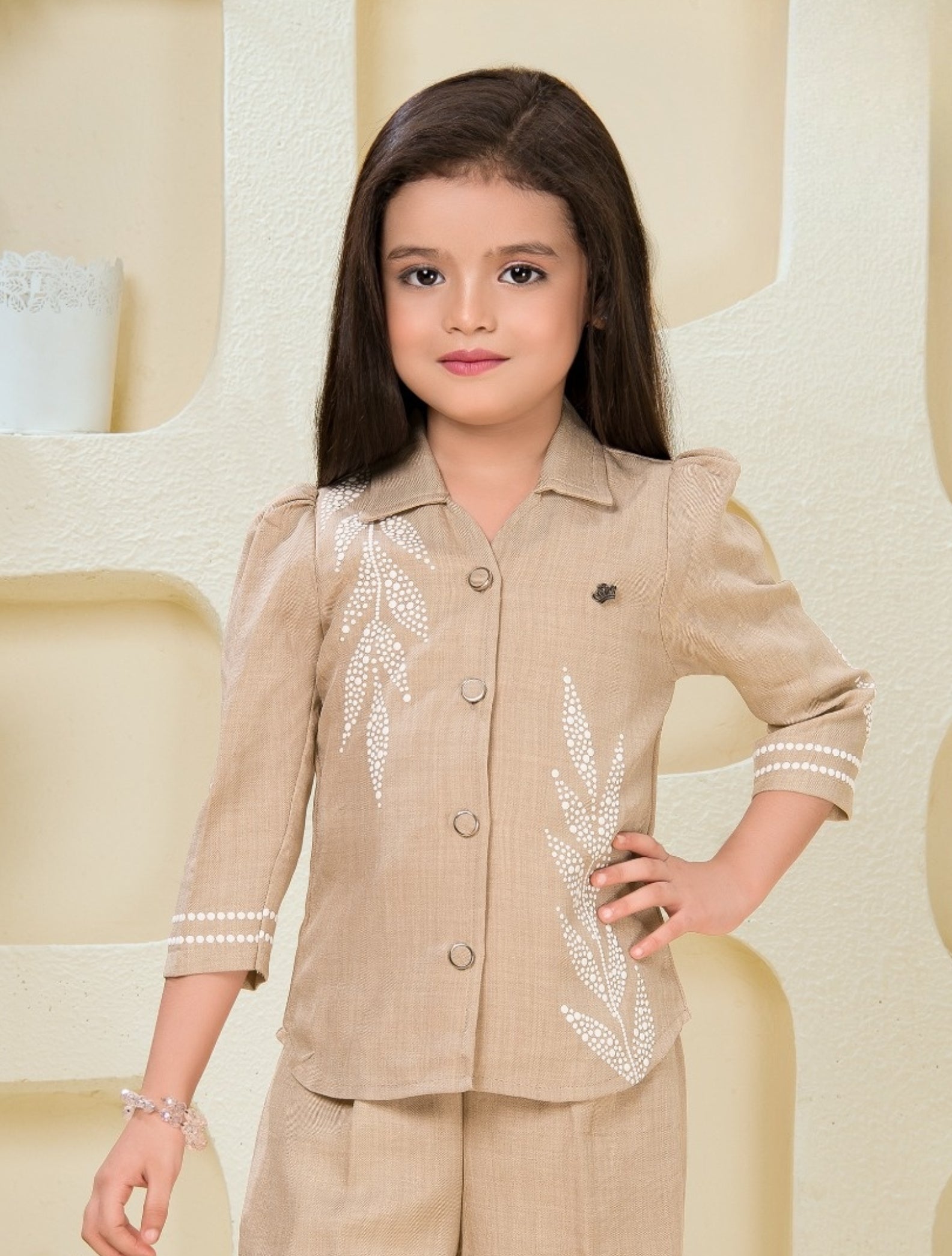 Beige Elegant Embroidered Co-ord Set