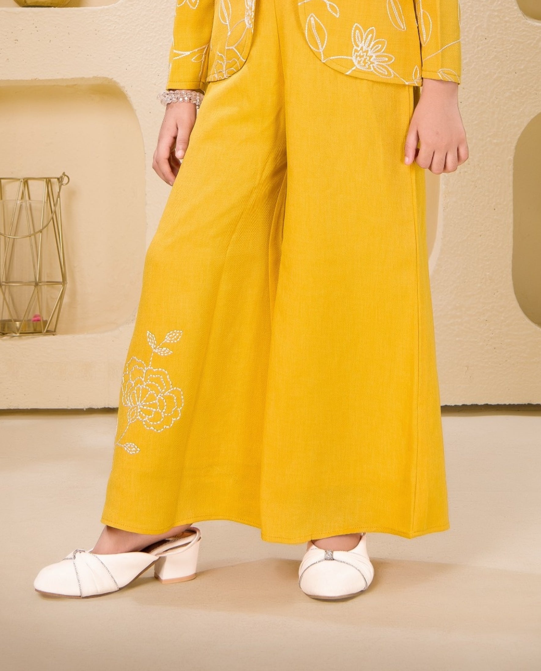 Mustard Yellow Floral Embroidered Blazer Set