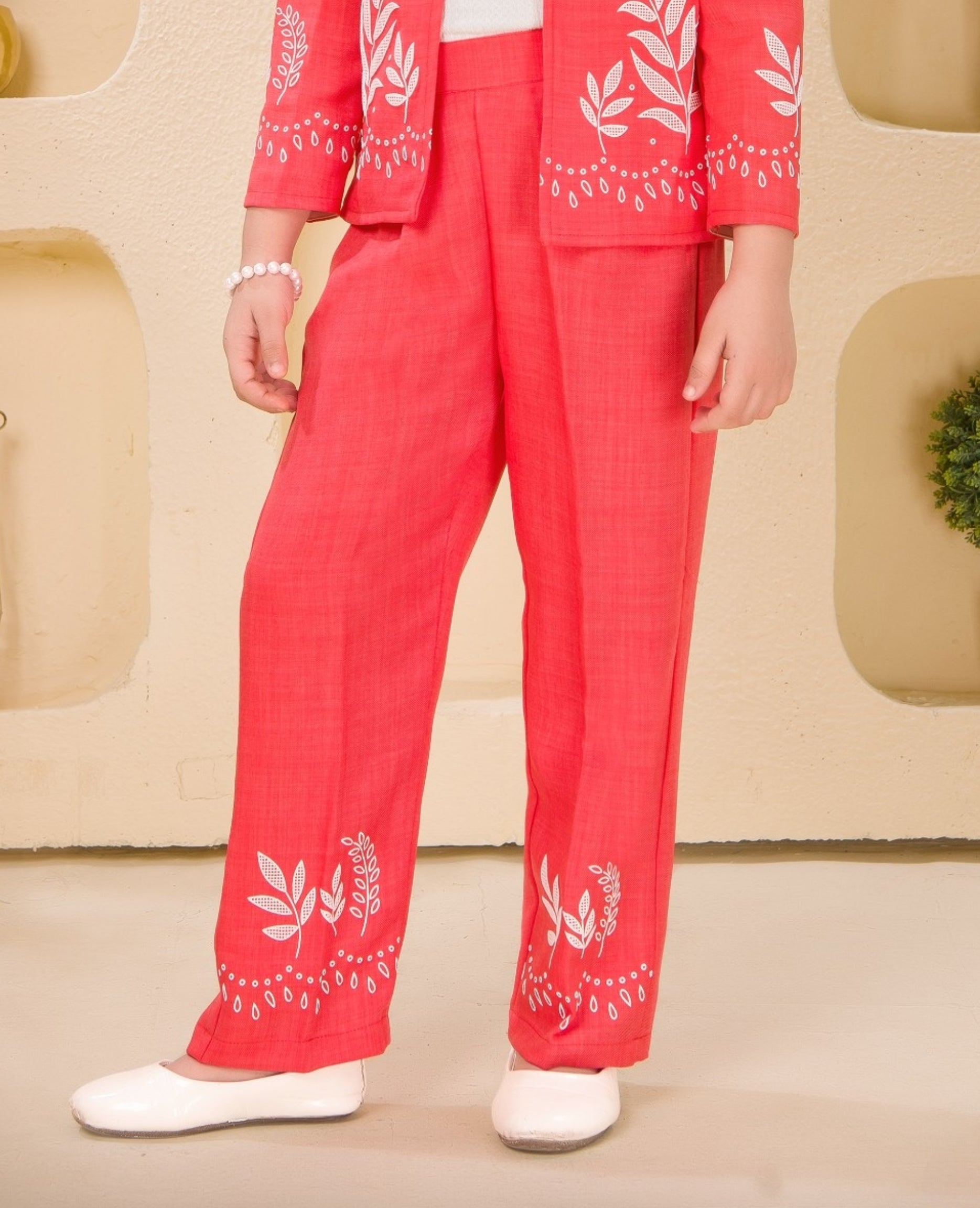 Tomato Red Floral Embroidered Blazer Set