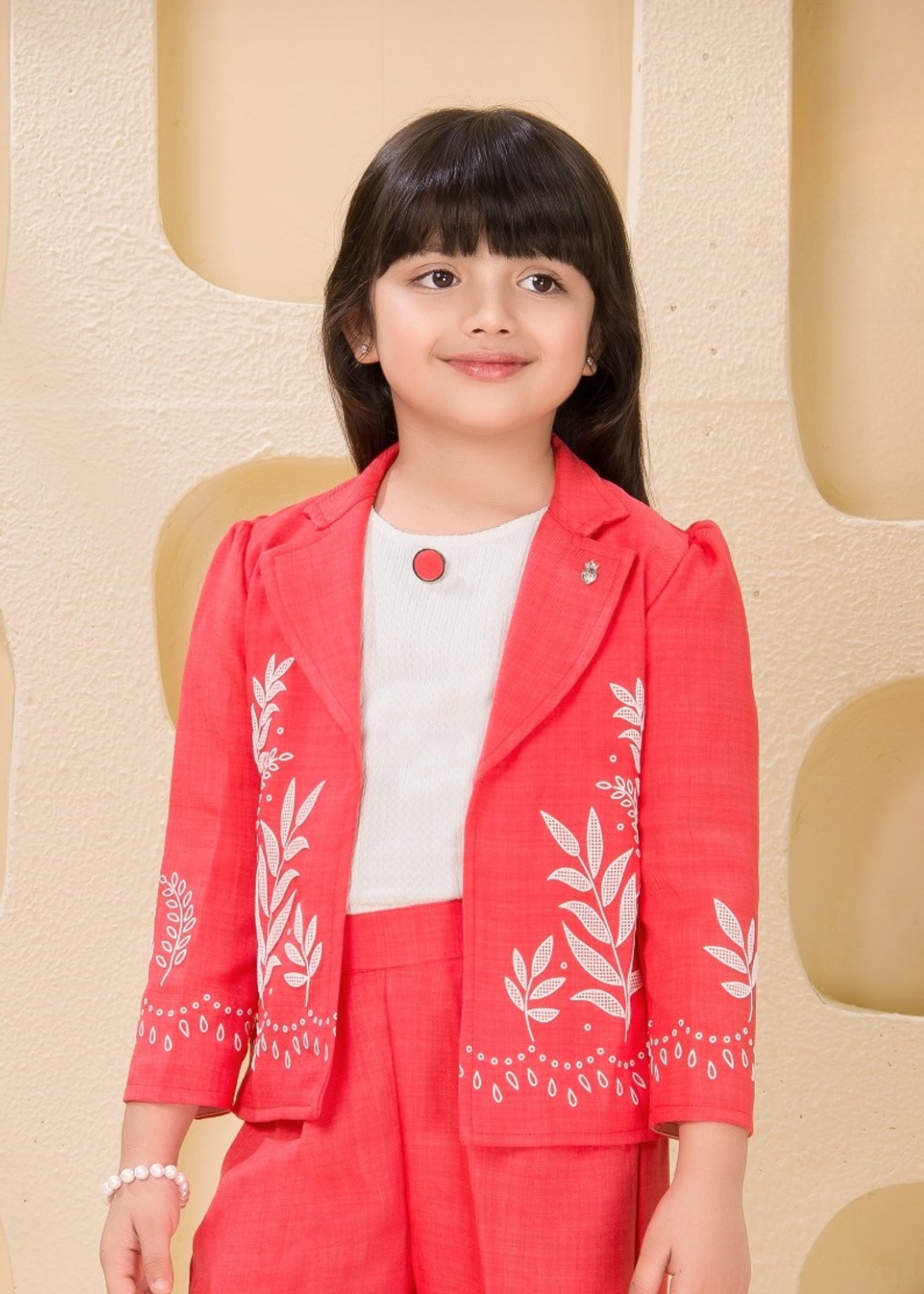 Tomato Red Floral Embroidered Blazer Set