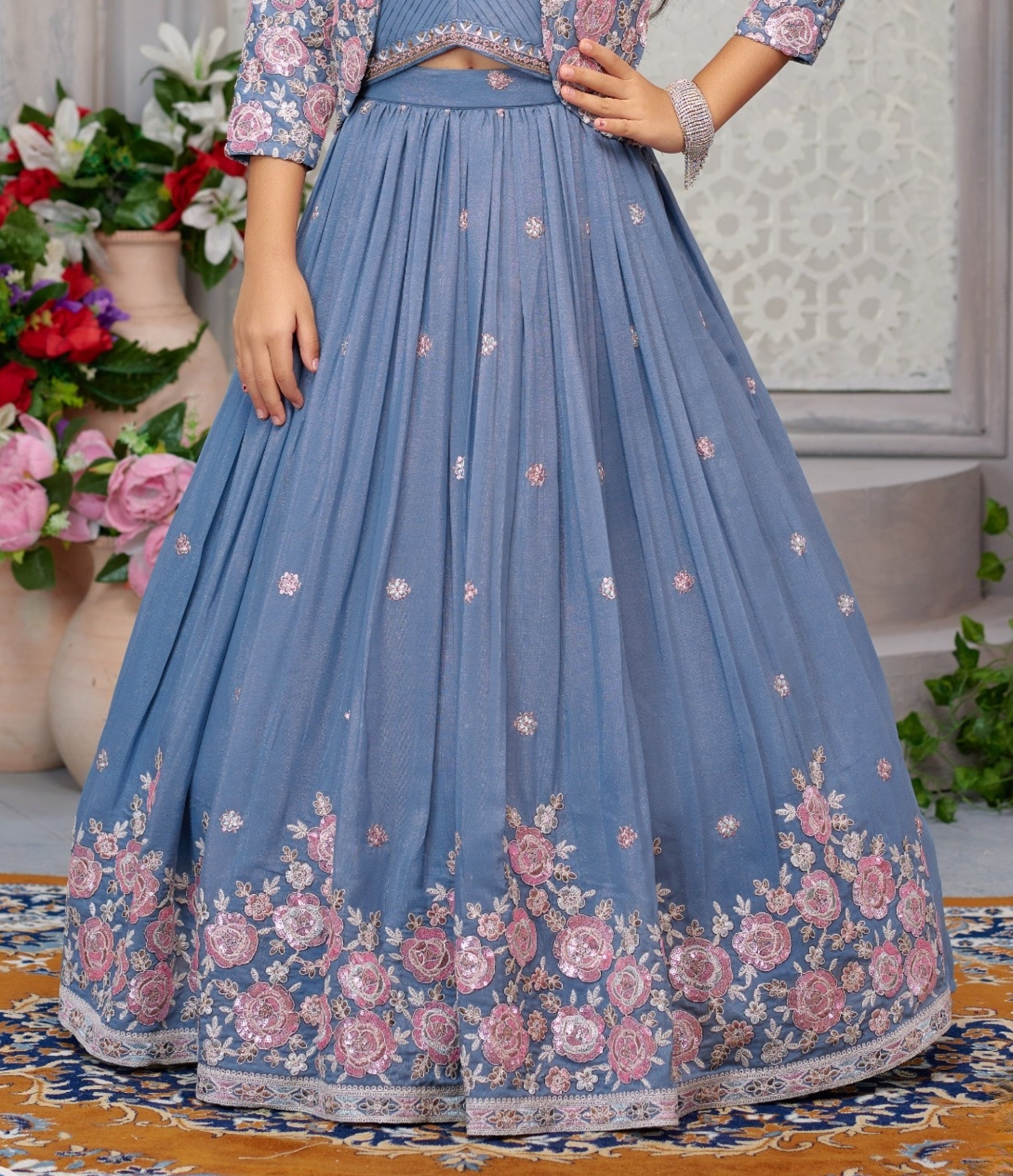 Blue Floral Embroidered Jacket Gown Set