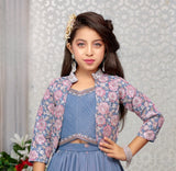 Blue Floral Embroidered Jacket Gown Set