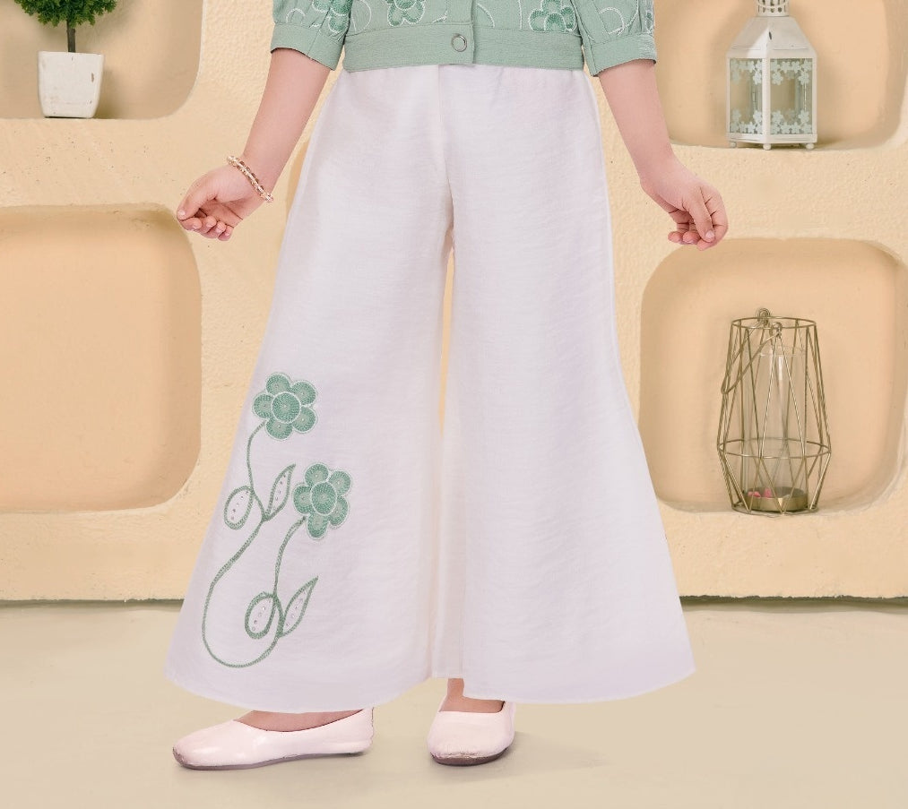 Mint Green Embroidered Top White Palazzo Set | Party Wear Kids Outfit for Girls