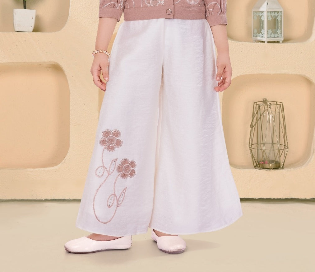 Chocolate Brown Embroidered Top White Palazzo Set |  Party Wear Kids Outfit for Girls