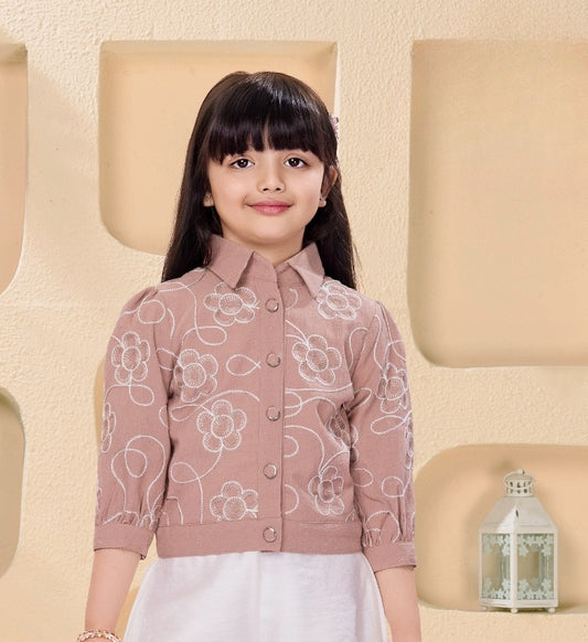 Chocolate Brown Embroidered Top White Palazzo Set |  Party Wear Kids Outfit for Girls