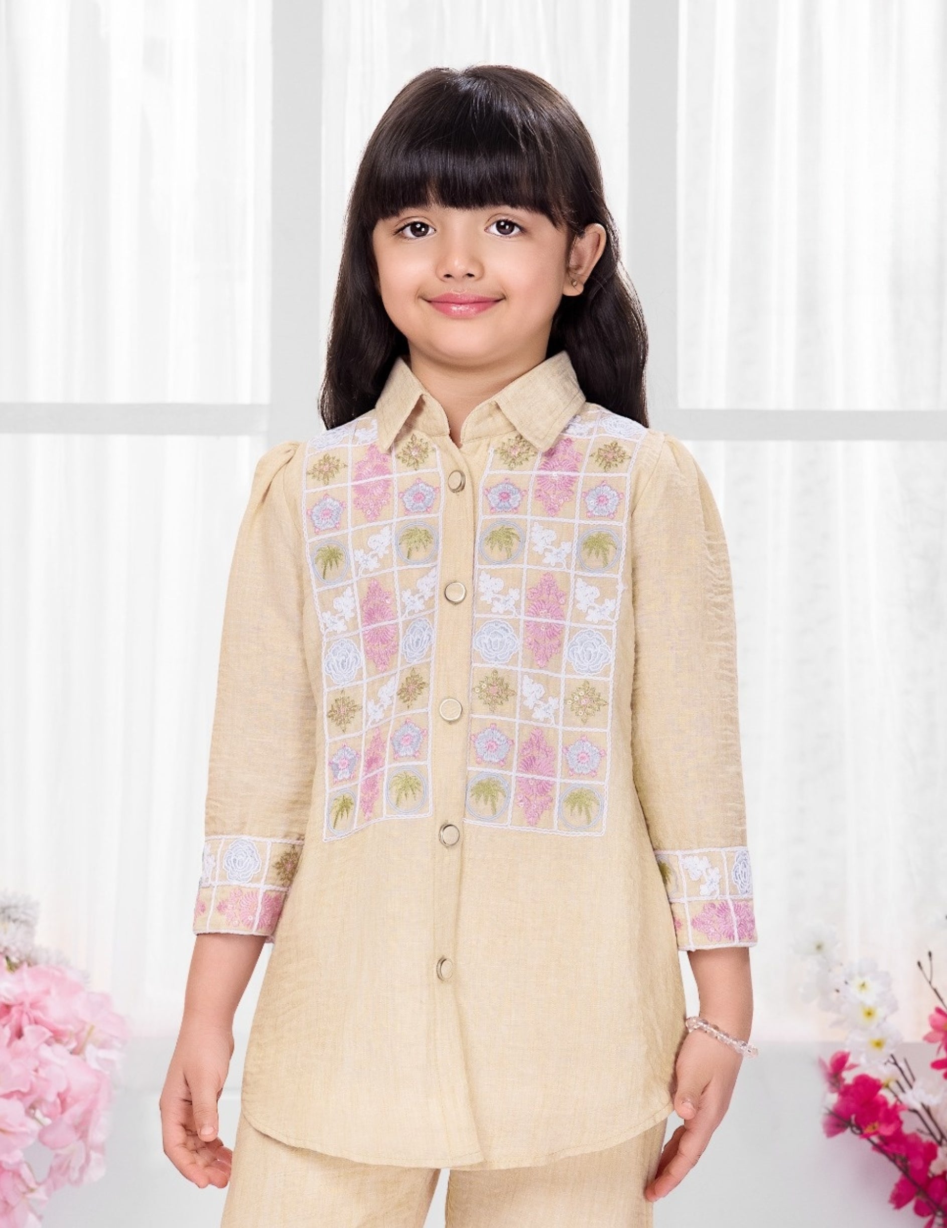 Beige Embroidered Kurta Pant Set with Pastel Threadwork | Kids Western Wear for Girls