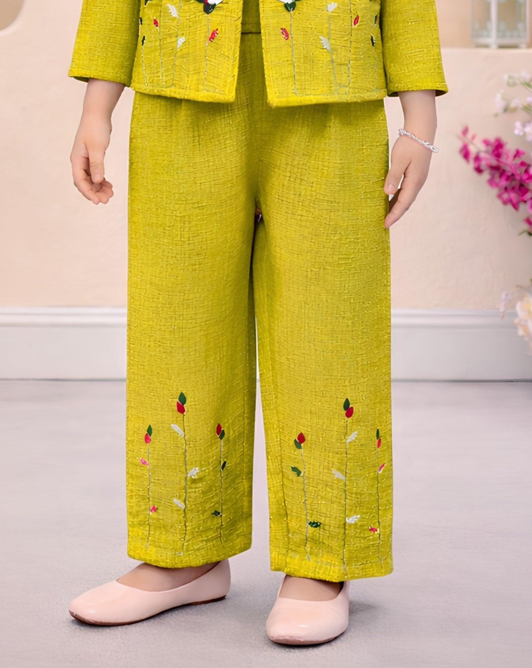 Lime Green Jacket Co-Ord Set with Crop Top & Palazzo | Western Wear Kids Outfit for Girls