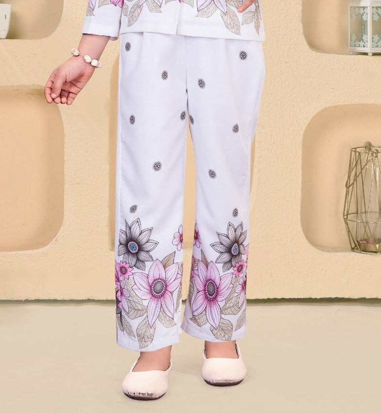 Pearl White Floral Jacket Pant Co-ord Set | Casual Wear Kids Outfit for Girls