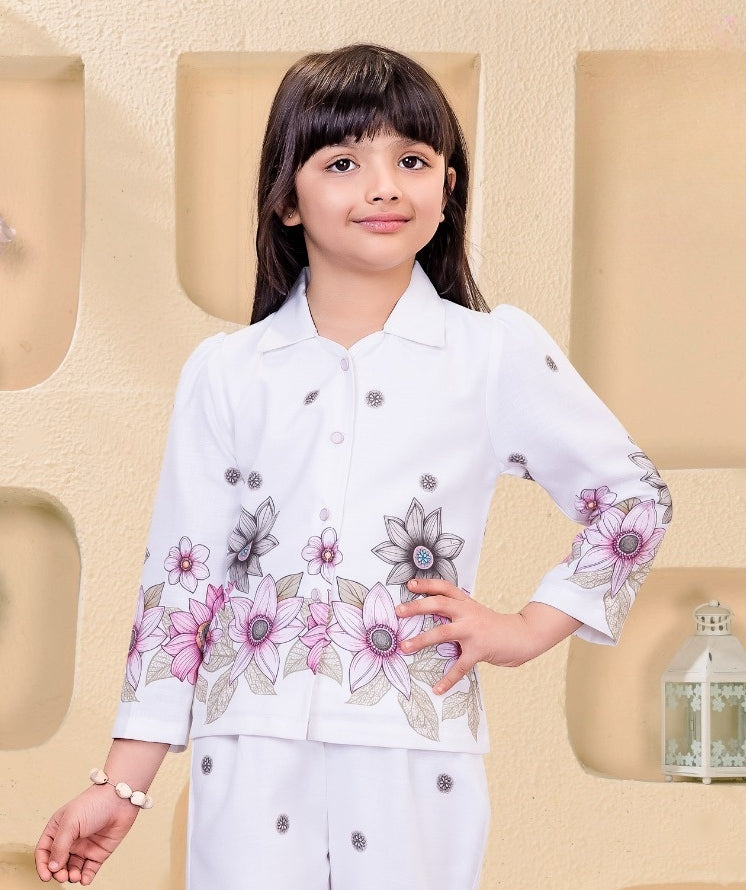 Pearl White Floral Jacket Pant Co-ord Set | Casual Wear Kids Outfit for Girls